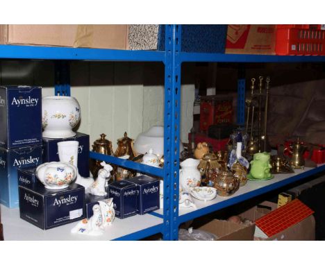 Collection of Aynsley Cottage Garden, oriental and gilt coffee sets, glass light shade, vintage tins, brassware, etc