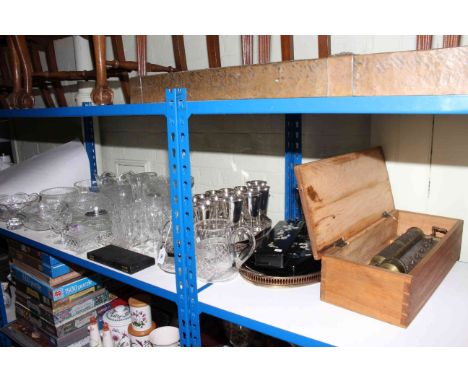 Collection of glassware, silver plated goblets and trays, vintage musical box movement, etc