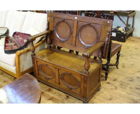 1920's/30's oak oval panel front monks bench