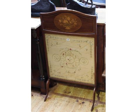 Edwardian inlaid mahogany needlework panel firescreen