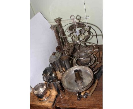 Pewter three piece tea service and vase and collection of silver plate including pair of corinthian column candlesticks