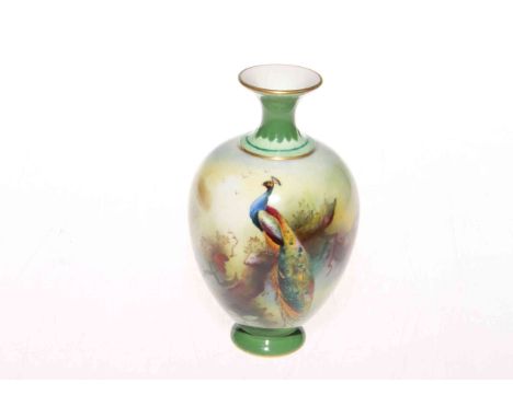 Royal Worcester vase, the ovoid body painted with peacock in misty background, shape no. 302, 13cm