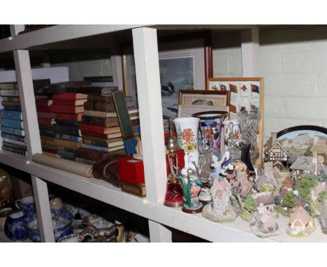 Collection of books, pictures, Lilliput Lane cottages, barometer glass, etc