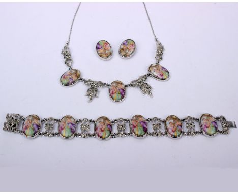 A 925 silver suite of jewellery set with oval ceramic panels by Limoges 