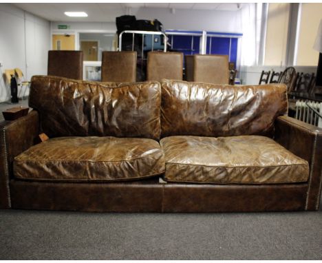 Three seater modern  square arm leather sofa in chocolate, studs to front arms, wooden square feetDimensions 221cm(L) x 100cm