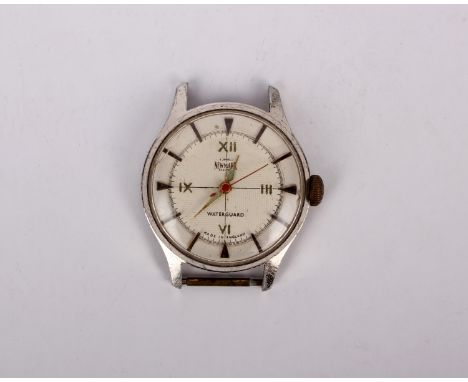 A vintage Newmark Crescent Water guard wrist watch. 6 Jewel movement, stainless steel case with ivory face and gold baton mar
