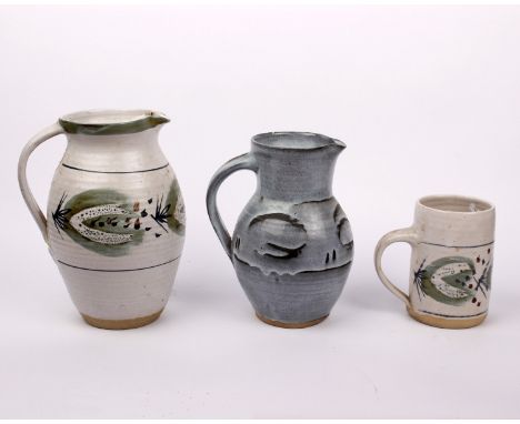 A Marianne De Trey stone ware jug (1913-2016)   in Pattern 'S' (shell imprint mark to foot) together with a tankard of the sa