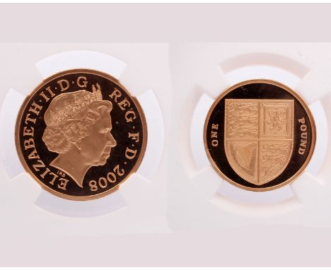 A Gold Piedfort 2008 Elizabeth II One pound coin.  Royal Coat of Arms NGC encapsulated PF70 Ultra Cameo Coin. 