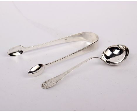 A pair of Georgian sterling silver sugar tongs by John King London together with a Georgian Scottish silver sauce ladle. 48g.