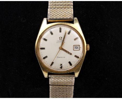 A 1970s gentleman's Omega Geneve automatic wristwatch , gold plated bracelet wristwatch with date aperture, gold coloured dia