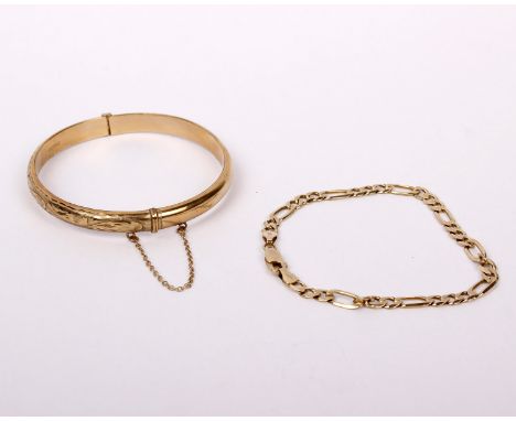 A 9ct gold bangle bracelet together with a 9ct gold fancy link bracelet. 13.7g. 