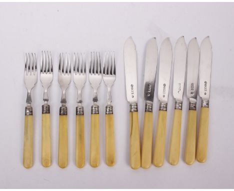 A set of six sterling silver fish knives and forks with Ivorine handles by William Hutton &amp; Sons Ltd, London