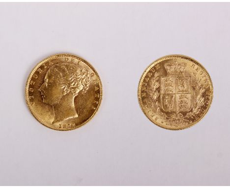 An 1872 Gold Sovereign,  Shield Reverse, Marsh 56, S.3853B, Die Number 87. 