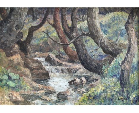 CIRCLE OF LETITIA MARION HAMILTON, RHA (1878-1964) A WOODLAND RIVER Bears initials, oil on canvas board 38 x 53.5cm. ++ Needs