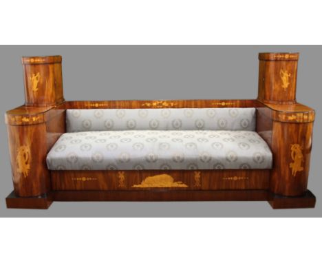 BEIDERMEIER MAHOGANY AND INLAID SOFA, early/mid 19th century, the satin upholstered cushion and back rest flanked by a pair o