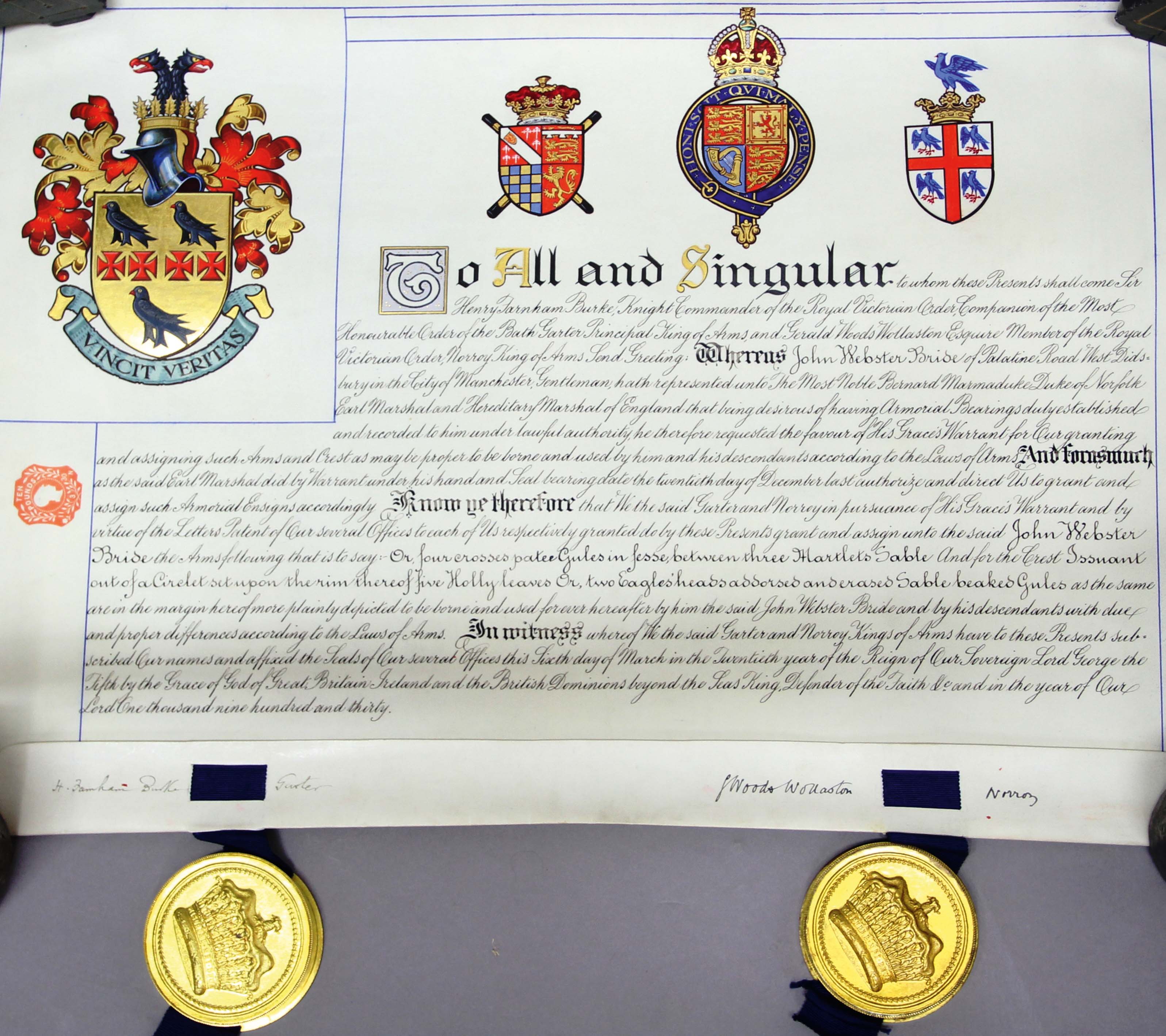 CASED GRANT OF ARMS, to John Webster Bride dated 6th March 1930, on ...