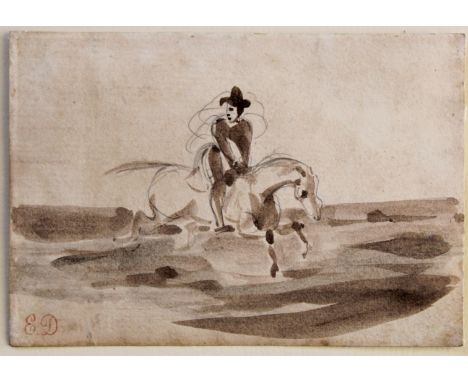 FERDINAND VICTOR EUGENE DELACROIX (1798-1863) ETUDE: LA FUITE DU CONTREBANDIER, c.1826 With atelier stamp (Lugt 838a), sepia 