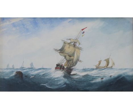 RICHMOND MARKES (Fl.c.1860-1900) SAILING VESSELS IN CHOPPY WATERS Signed with initials, watercolour 22 x 39cm. ++ Needs a lig