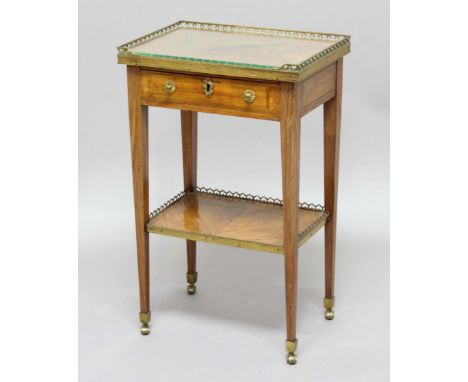 FRENCH KINGWOOD AND INLAID SIDE TABLE, circa 1900, violin inlaid top with brass gallery above a single drawers and lower shel