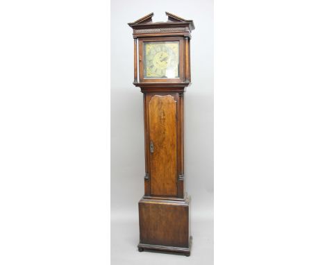 MAHOGANY LONG CASE CLOCK, the brass dial with a 10 1/2" chapter ring, subsidiary seconds dial and date aperture, inscribed Th