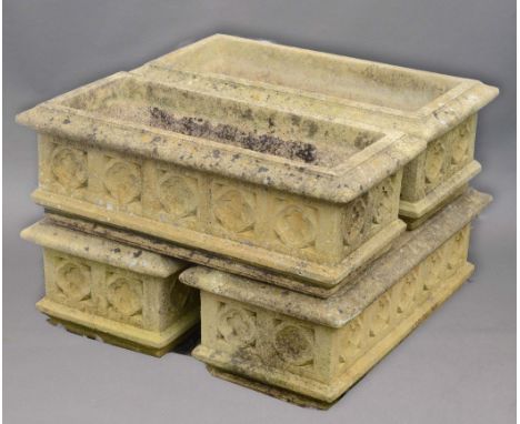 PAIR OF RECONSTITUTED STONE TROUGH PLANTERS, the gothic quatrefoil decoration, height 25cm, width 70cm, depth 25cm (2)