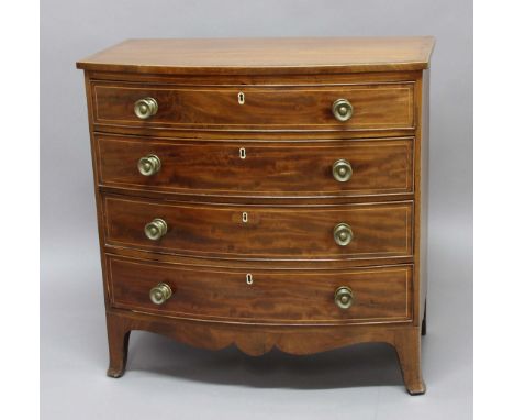 GEORGE III MAHOGANY BOW FRONTED CHEST, of four graduated long drawers with boxwood line inlay, height 96cm, width 98cm, depth