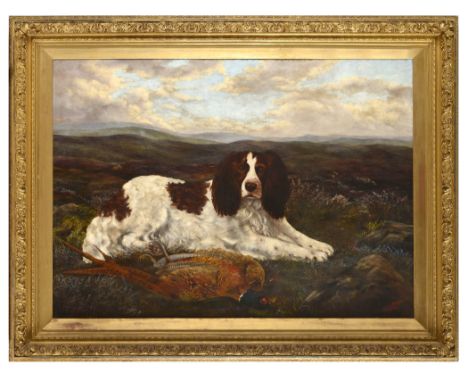 SHANNIE FLETCHER (Fl.c.1895) A SPRINGER SPANIEL IN A LANDSCAPE Signed and dated 1895, oil on canvas 90.5 x 126cm. ++ Some ret