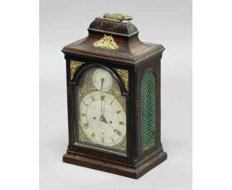 GEORGE III MAHOGANY MANTEL CLOCK, the brass dial with a 6 1/2" silvered chapter ring inscribed Paul Rimbault, London and date