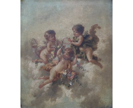 CHARLES AUGUSTUS HENRY LUTYENS (1829-1915) THREE PUTTI WITH FLOWER GARLANDS Signed, oil on canvas 29.5 x 24cm. ++ Needs a lig