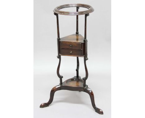 GEORGE III MAHOGANY WIG STAND, the circular frame above a triangular shelf with two drawers beneath and on a tripod base, hei