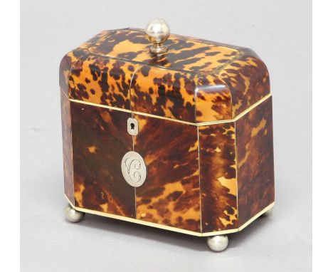 GEORGE III TORTOISESHELL TEA CADDY,  of canted rectangular form, twin canister interior, with silver plated mounts, height 17