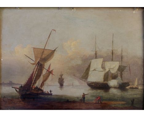 CIRCLE OF THOMAS LUNY (1759-1837) COASTAL SCENE WITH VESSELS ON CALM WATERS, MEN ASHORE Oil on panel 30 x 42cm. ++ Some scatt