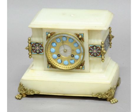 VICTORIAN MARBLE AND CHAMPLEVE MOUNTED MANTEL CLOCK, the 3 1/4" dial with light blue enamelled numbers on a gilt ground inscr