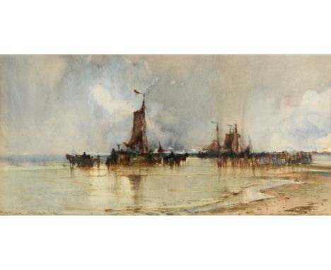 •FRANK HENRY MASON (1875-1965) KATWIJK AAN ZEE: UNLOADING THE CATCH Signed and inscribed, watercolour 43 x 88cm. ++ Some foxi