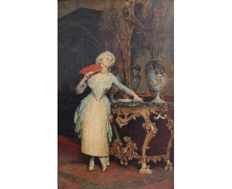 TITO CONTI (1842-1924) THE RED FAN Signed with monogram, oil on board 24.5 x 15cm. ++ Some slight craquelure; needs a light c