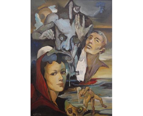SPANISH (?) SCHOOL, 20th CENTURY A SURREAL VISION Signed indistinctly, oil on canvas 90.5 x 63.5cm. ++ Small tear/damage lowe