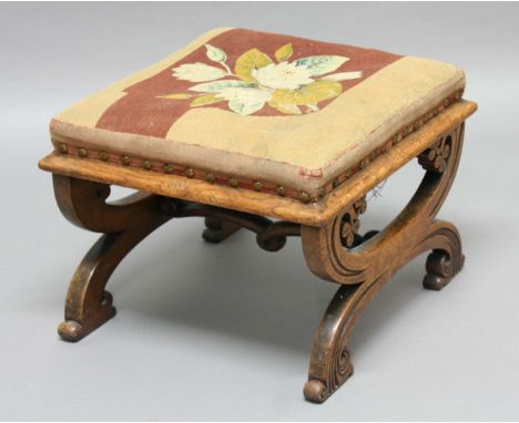 VICTORIAN OAK X FRAME STOOL, possibly Irish, the tapestry upholstered seat on a frame carved with shamrocks, height 38cm, wid