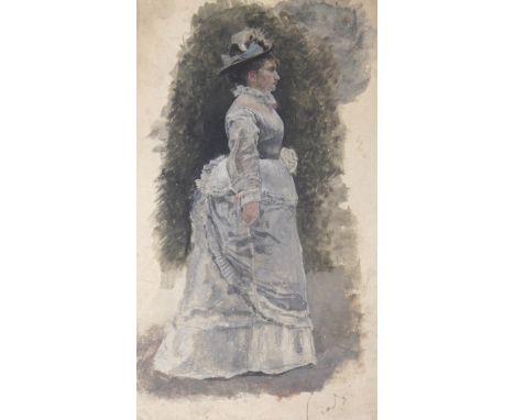 CIRCLE OF HENRY SOMM (1844-1907) PORTRAIT STUDY OF A LADY Standing full length, wearing a blue/grey dress and hat, bears indi