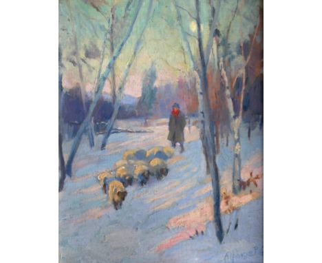 ALPHAEUS PHILEMON COLE (American, 1876-1988) TENDING SHEEP IN A WINTER GLADE Signed, oil on canvas board 24 x 19cm. * The dat