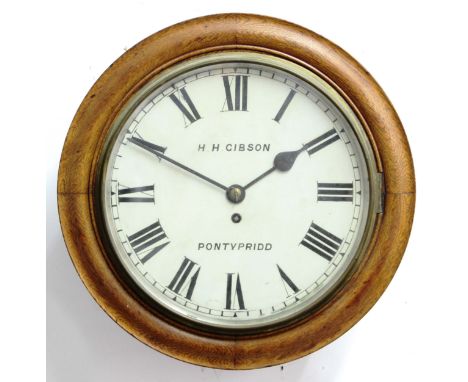 VICTORIAN OAK CASED WALL CLOCK, the 11" enamelled dial inscribed HH Gibson, Pontypridd, on a brass single fusee movement, dia