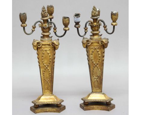 PAIR OF LOUIS XVI STYLE GILT GESSO CANDELABRA,  the three lights on scrolling branches on a tapering triangular columns with 