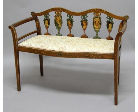 EDWARDIAN REGENCY STYLE PAINTED TWO SEATER CANAPE, the wavy top rail with six painted oval portrait rests above a serpentine 