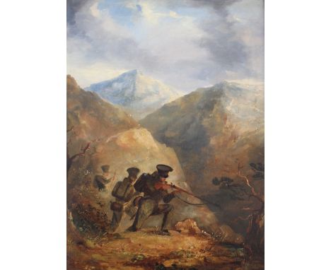 CIRCLE OF RICHARD WESTALL, RA (1765-1836) RIFLEMEN OF THE GREEN JACKETS IN THE PENINSULAR WARS Oil on panel 39 x 28.5cm. ++ S