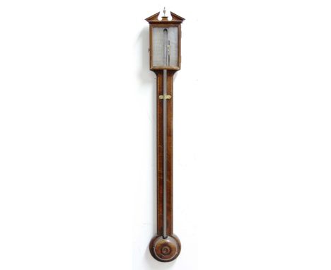 MAHOGANY STICK BAROMETER, the silvered dial inscribed John Bearraga, Fecit, the case with specimen wood feather banding, heig