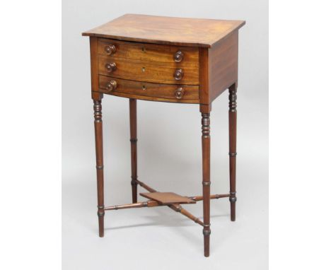 GEORGE III MAHOGANY AND EBONY LINE INLAID BOW FRONTED WORK TABLE, with hinged cover, two false and one fitted drawer, height 