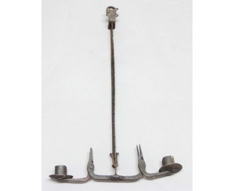 WROUGHT IRON ADJUSTABLE DOUBLE RUSH LIGHT AND CANDLE HOLDER,  early 19th century, height 42-77cm