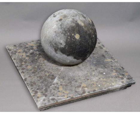 PAIR OF RECONSTITUTED STONE BALL GATE POST FINIALS,  on square bases, diameter 30cm (2)