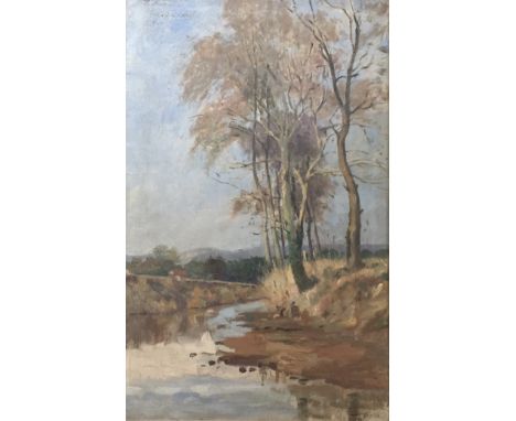 EUGENE BERTRAND (1858-1934) RIVER LANDSCAPE SCENE Signed and inscribed Le Risa... (?), oil on canvas 45 x 29cm. ++ Needs a li