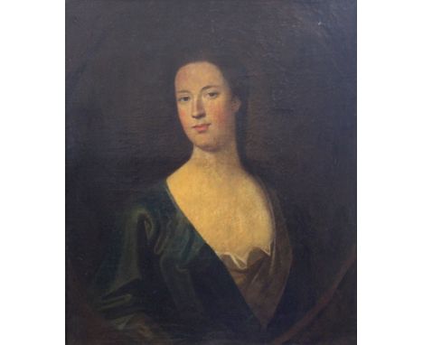 FOLLOWER OF MICHAEL DAHL (c.1659-1743) PORTRAIT OF MARGARET BAIN Quarter length, wearing a blue/green mantle, oil on canvas 7