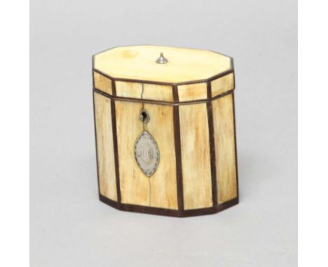 GEORGE III TORTOISESHELL TEA CADDY,  of decahedral form, with white metal bright cut plaque, height 11cm